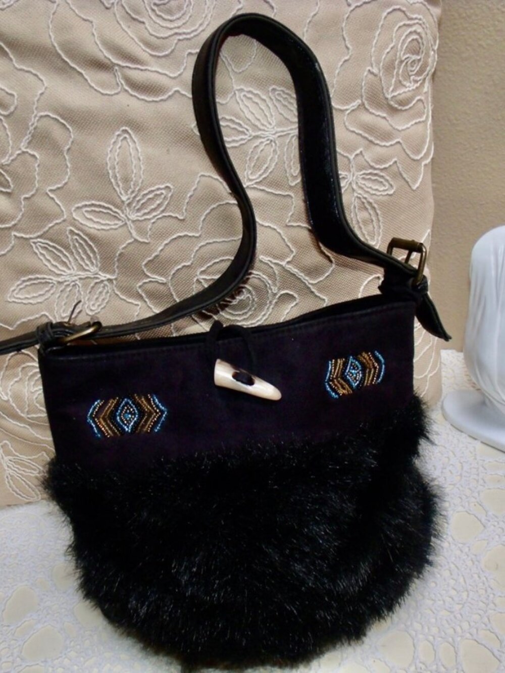 Southwest Black Faux Fur and Suede Shoulder Bag with Beaded Design